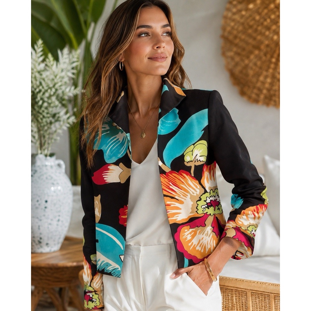 KulaKula 100% Silk Black Tropical Floral Open Front Jacket Blazer Sz S Casual